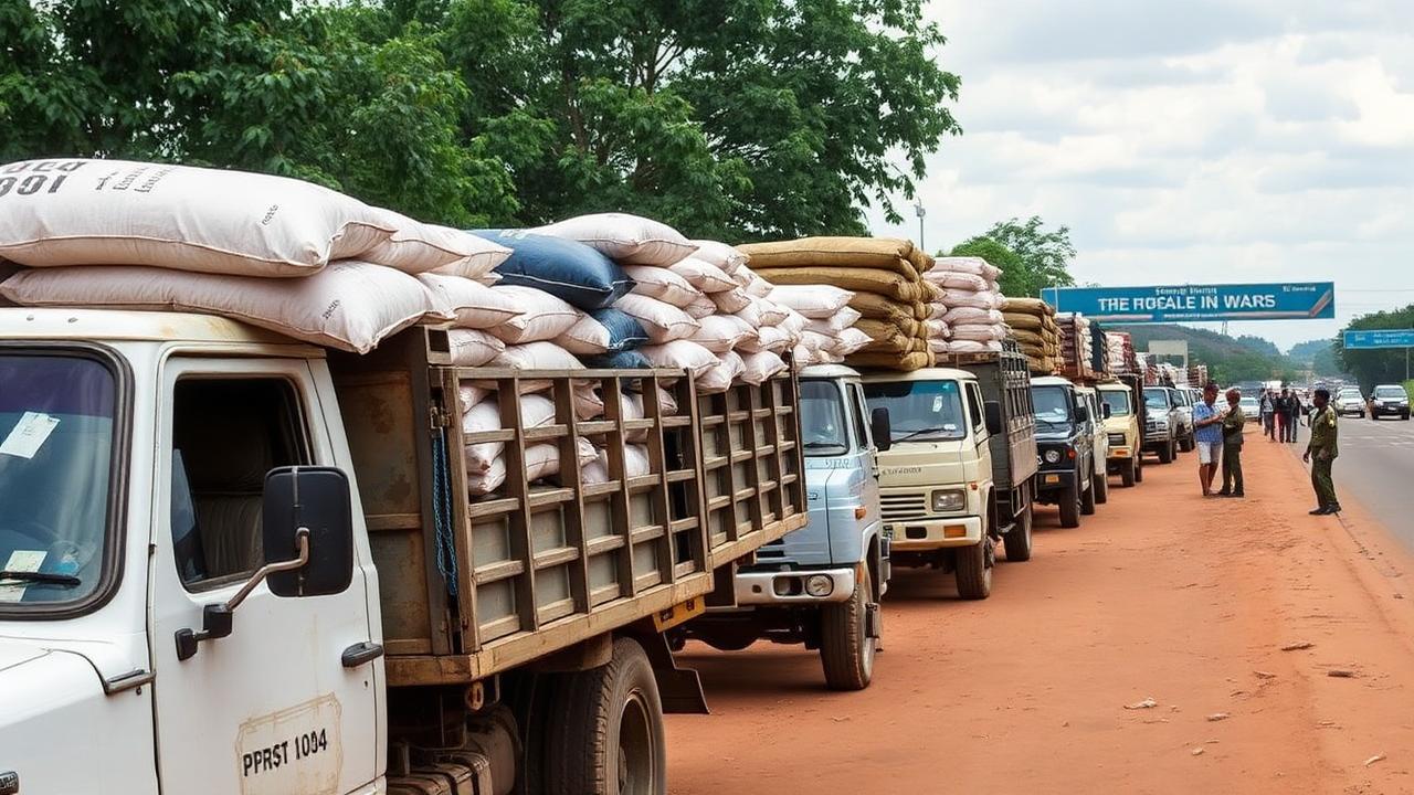 Trucks loaded with mineral sacks queuing at a Uganda border post with customs officers