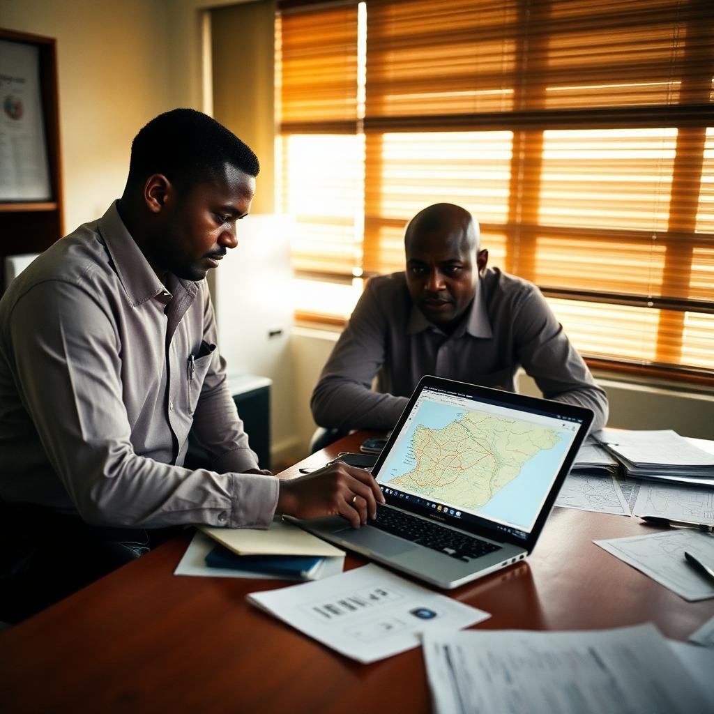 Official reviewing mining licence records at a workstation