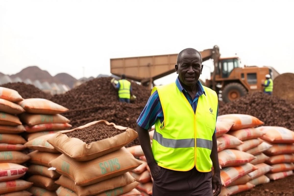 Sacks of copper and cobalt concentrate stacked at a Central African processing yard