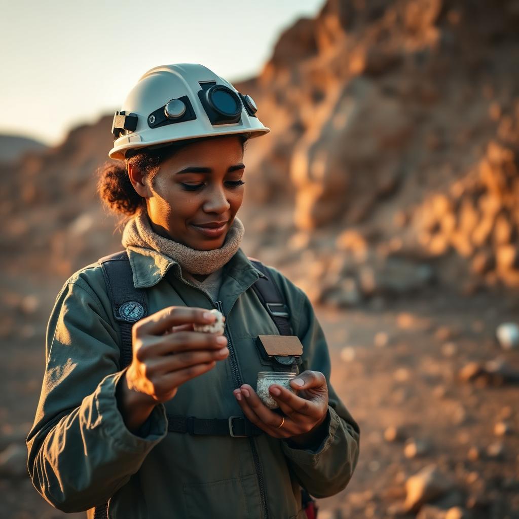 Ugandan geologist examining a mineral sample at a formalised mine site