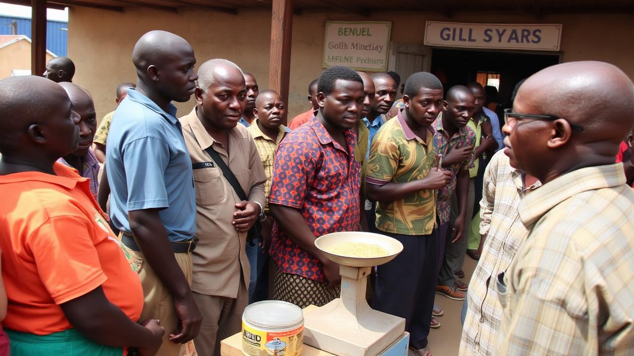 Artisanal miners queuing with scales at a formal mineral buying centre in Uganda