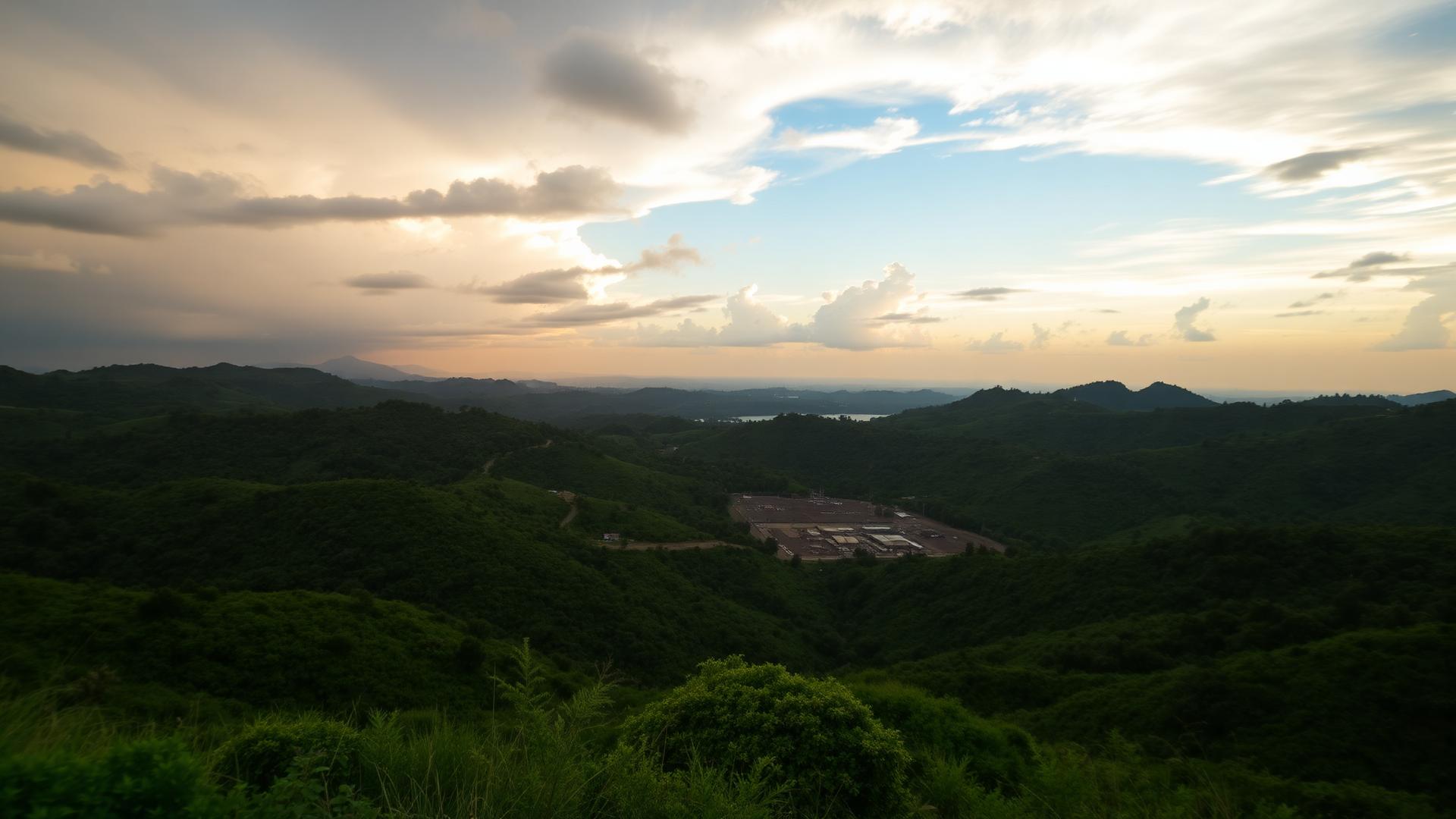 Uganda's Lake Victoria Gold Belt landscape with a medium-scale mining operation in the valley