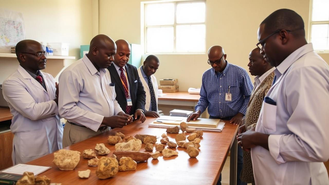 Officials and geologists inspecting rock samples on a laboratory bench in Entebbe