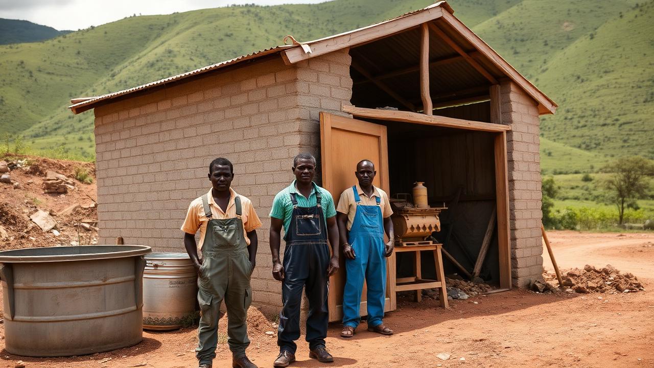 Workers standing beside a small gold processing shed in West Nile, Uganda